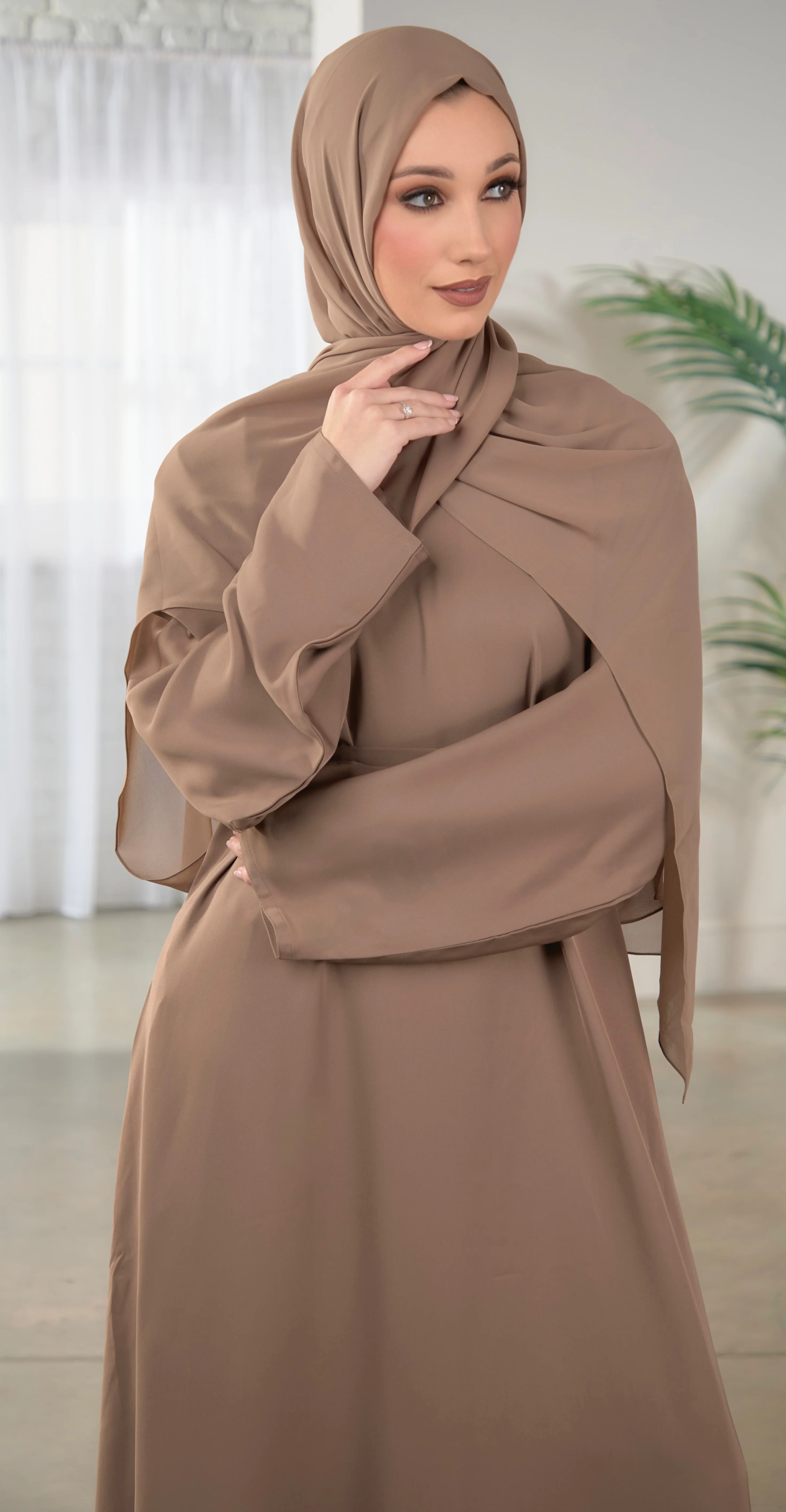 Casual Abaya with Pockets and Matching Hijab - Camel - Image 3