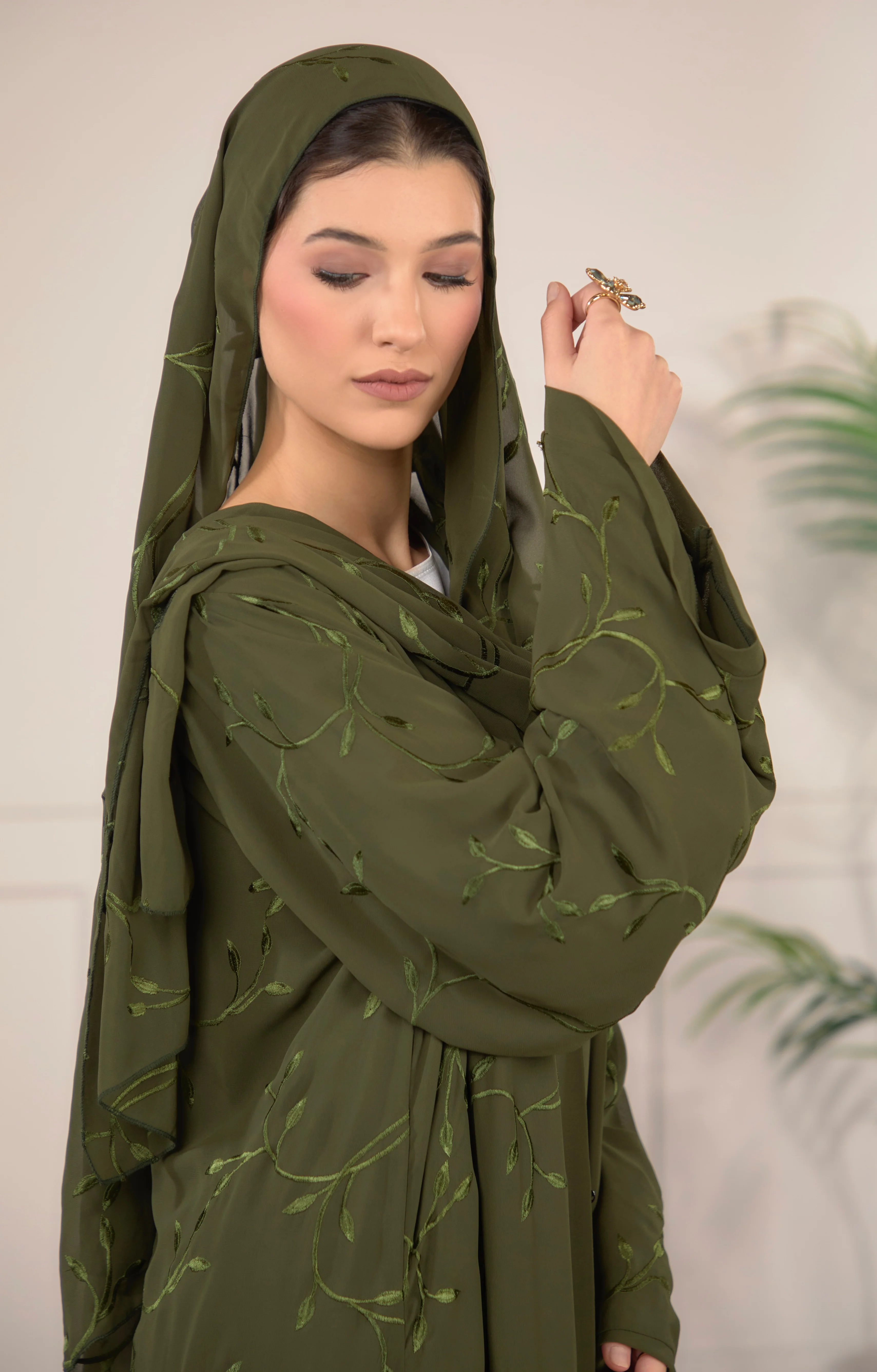 Leaf Embroidered Abaya With Matching Hijab - Forest Green - Image 3
