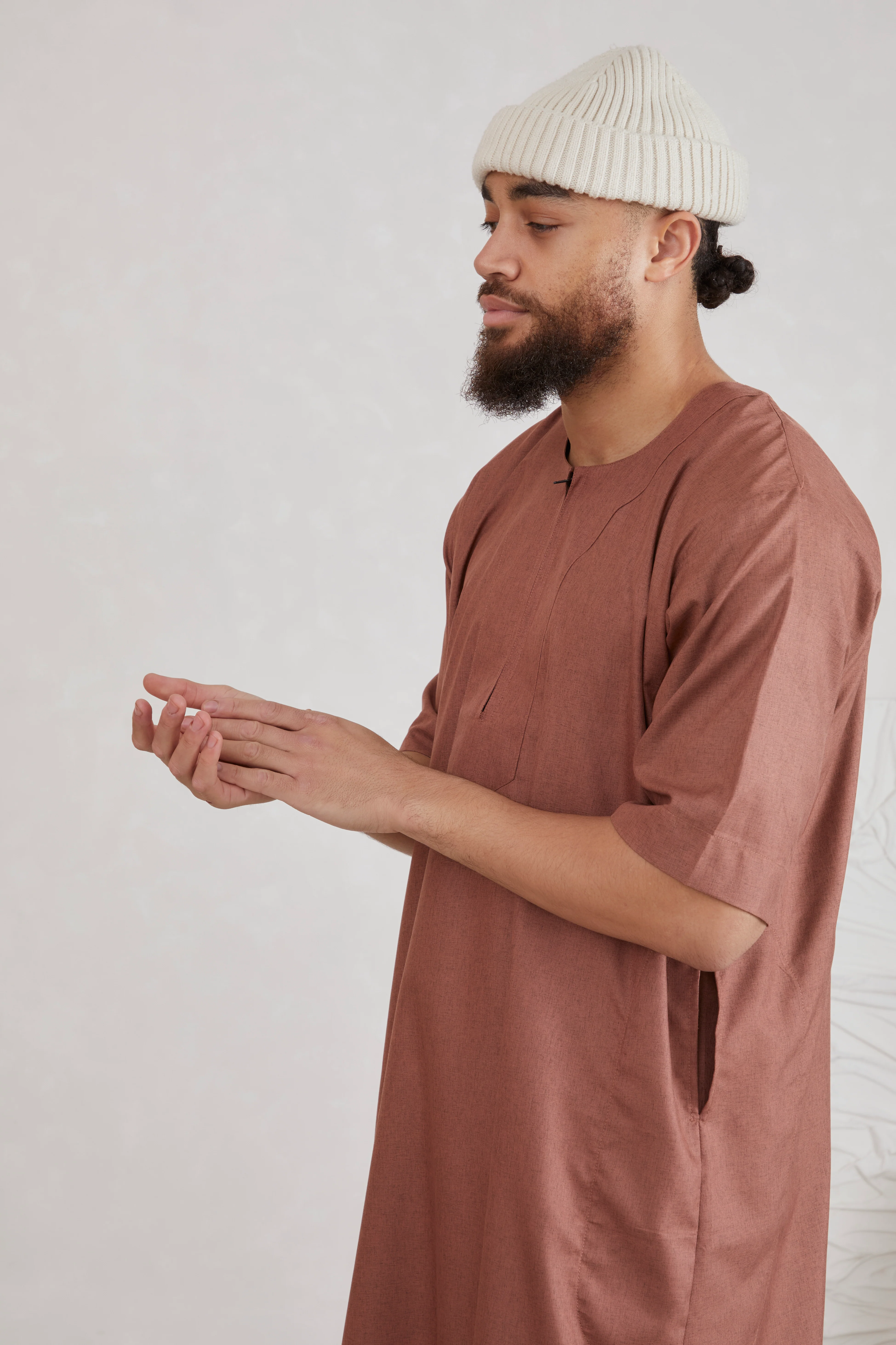 Men's Short Sleeve Linen Thobe - Sienna - Image 3