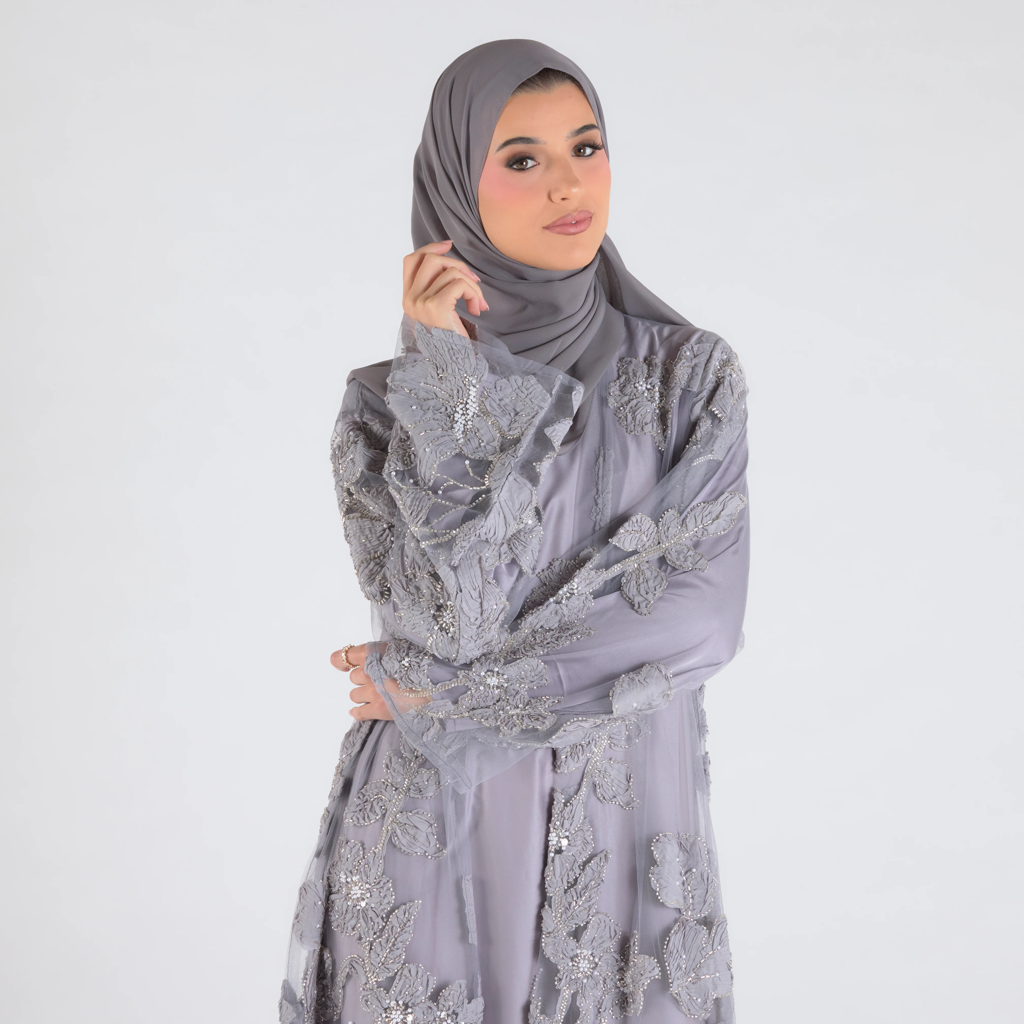 Sofina Floral Net Abaya Set (Slip Dress and Hijab included) GREY - Limited Edition - Image 3